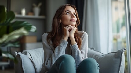A woman seated on a high-end armchair in a stylish living room, looking upward with clasped hands, lost in thought.