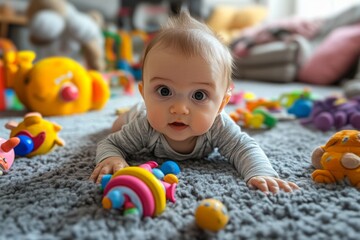 Fototapeta premium Curious Baby Playing on a Shag Carpet