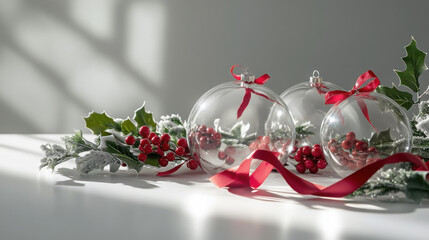 Festive transparent christmas ornaments with red berries and ribbons on a sunlit table
