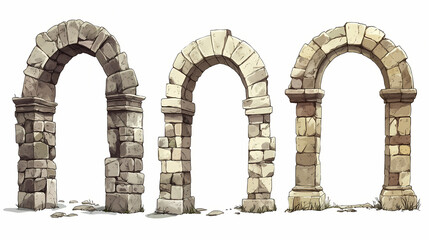 Set of four ancient stone archways isolated on white background, showcasing different styles and textures in architectural design. Ancient Relic. Illustration
