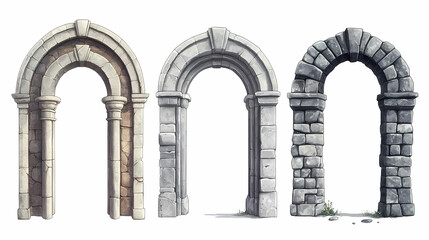 Fototapeta premium Set of four ancient stone archways isolated on white background, showcasing different styles and textures in architectural design. Ancient Relic. Illustration