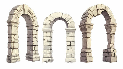 Fototapeta premium Set of four ancient stone archways isolated on white background, showcasing different styles and textures in architectural design. Ancient Relic. Illustration