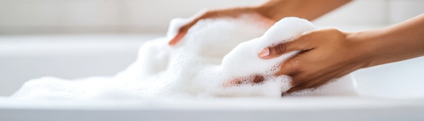 Hands gently mixing foam in a clean, white bath with blurry background.