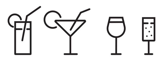 cocktail icons set on a white background, set of silhouette cocktails