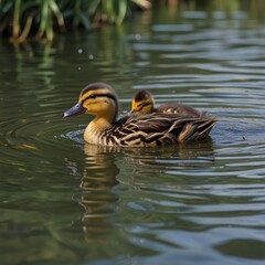 Fototapeta premium A mother duck and her duckling swim together in a calm pond, with the duckling nestled under her wing.