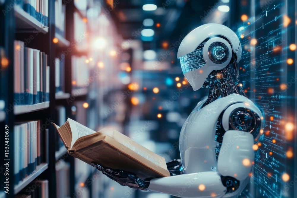 Poster ai in the library: robot reading a book