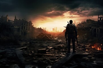 A solitary person stands amidst the devastated landscape of a city ravaged by war observed against a dramatic sky as dusk settles in