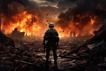 A soldier surveys the destruction of a once thriving city now reduced to rubble and flames following severe conflict in a critical war zone