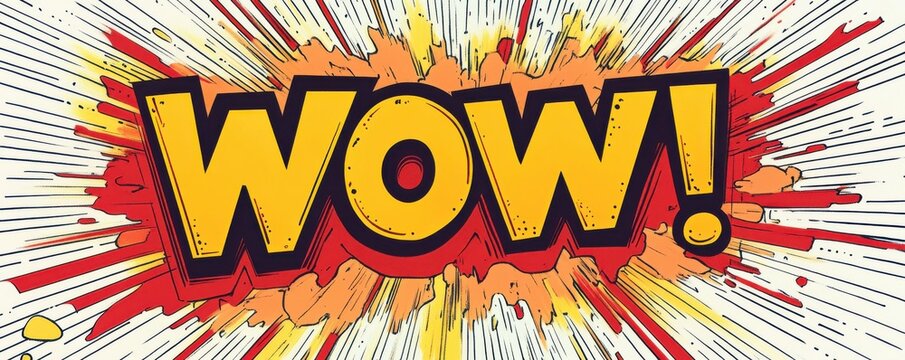 Comic style speech bubble with the word 'WOW' in bold letters surrounded by colorful explosive background