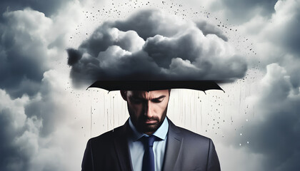 Cloudy thoughts of businessman. Man standing inside head, under cloud with rain, symbolizing mental exhaustion and stress associated with work. Contemporary art. Concept of psychology, mental ..