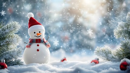 Fototapeta premium Snowman with Santa Hat and Scarf in a Winter Scene