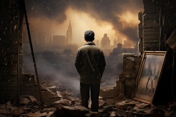 Fototapeta premium A person stands among the remains of a destroyed educational institution gazing out at a devastated city skyline shrouded in smoke and shadows