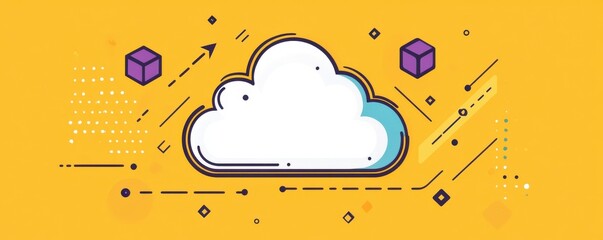 Cloud computing concept with digital network and data icons in flat  style on yellow background