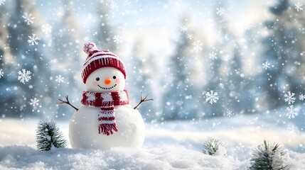 Fototapeta premium A cheerful snowman with a red and white hat and scarf in a snowy winter landscape