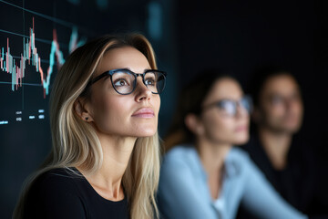 focused woman with glasses is engaged in brainstorming session, analyzing data on digital screen. Her expression reflects determination and insight