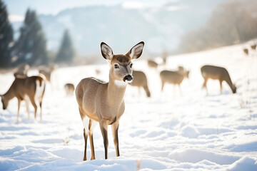 Deer in snowy field with herd grazing in winter landscape