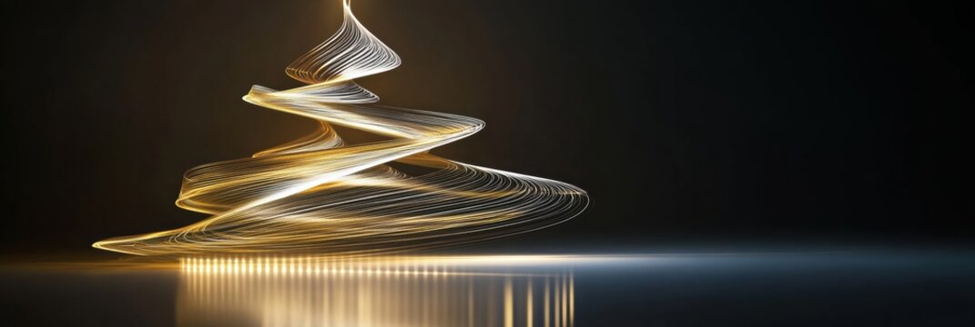 A vibrant display of an abstract Christmas tree created with swirling golden lights, radiating warmth against a dark background. Generative AI