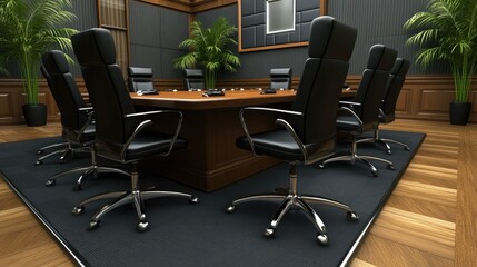 A contemporary boardroom featuring sleek design, a long table, and modern decor, perfect for executive meetings and presentations