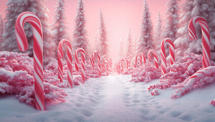 A vibrant red and white striped candy cane forest, with giant candy canes towering like trees 