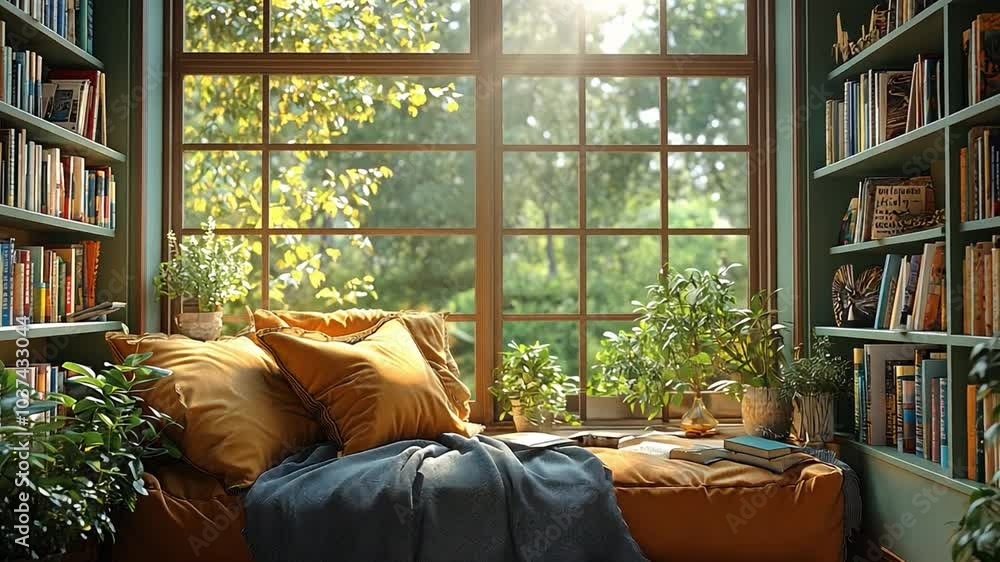 Poster this sunlight filters through the window onto a comfortable reading area filled with plants and book