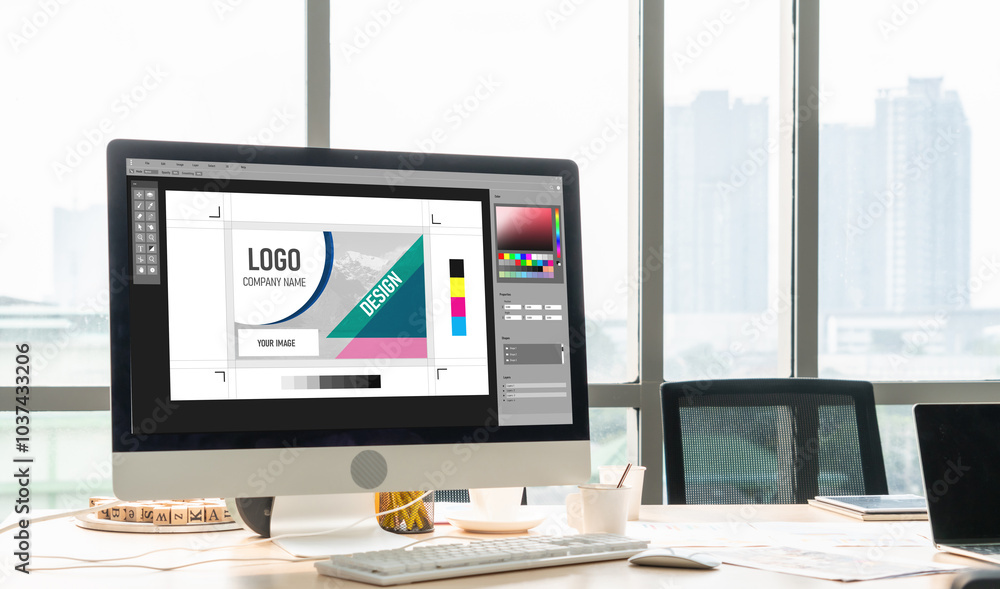 Poster graphic designer software for modern design of web page and commercial ads showing on the computer s