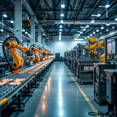 Inside a factory, robots and machines operate efficiently, showcasing automation in manufacturing processes.
