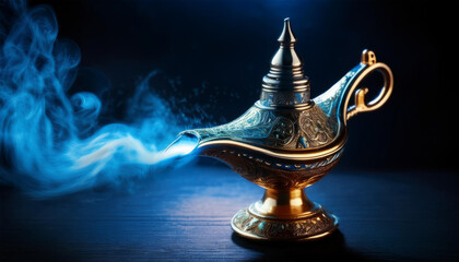 Smoky magic genie lamp on dark background. Aladdin magic lamp.