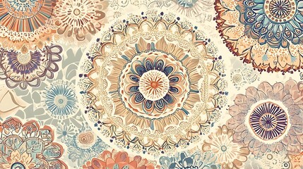 Ornate Mandala Pattern with Beige  Blue  and Purple Tones