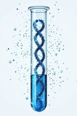  illustration of a test tube filled with blue liquid and a DNA strand, representing genetic research and scientific exploration