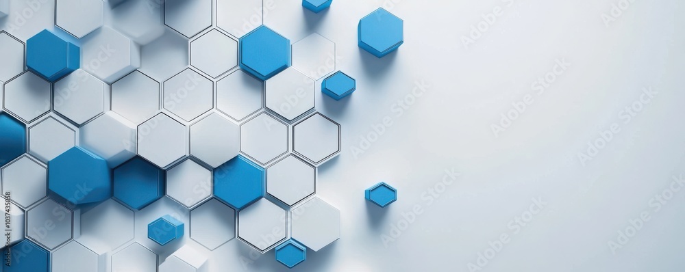 Wall mural abstract background with blue hexagons on a white backdrop symbolizing technology and innovation