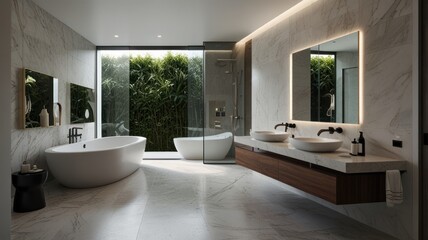 A modern and luxurious bathroom with a stunning white bathtub as its centerpiece. The walls are decorated with elegant marble tiles. The bathroom is flooded with natural light.