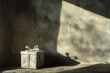 Obraz premium A Wrapped Gift Box in Sunlit Room with Textured Wall