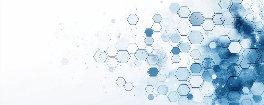 Abstract geometric pattern with blue hexagons on a white background, conveying modern design and futuristic concept