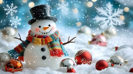 Snowman with Black Top Hat and Colorful Scarf in Snowy Scene