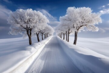 Obraz premium frosted trees along a snow-covered road under a soft blue sky with light clouds, creating a peaceful winter landscape with pristine snow and a tranquil atmosphere in a rural setting