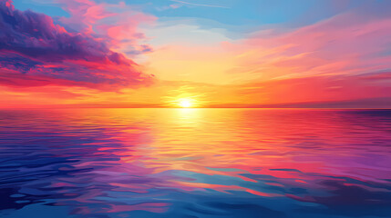 Obraz premium Vibrant sunset casting beautiful colors over the calm sea , sunset, sea, ocean, horizon, sky, dusk, colors, reflections. Sunset Over Horizon. Illustration