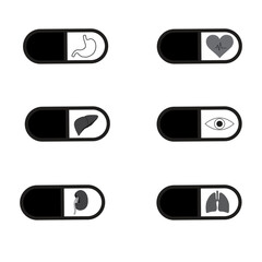 Six capsules pills with human body organs inside