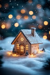 miniature wooden house standing proudly in the snow at twilight, glowing softly with lights from within. Behind it, a bokeh effect of blurred Christmas decorations