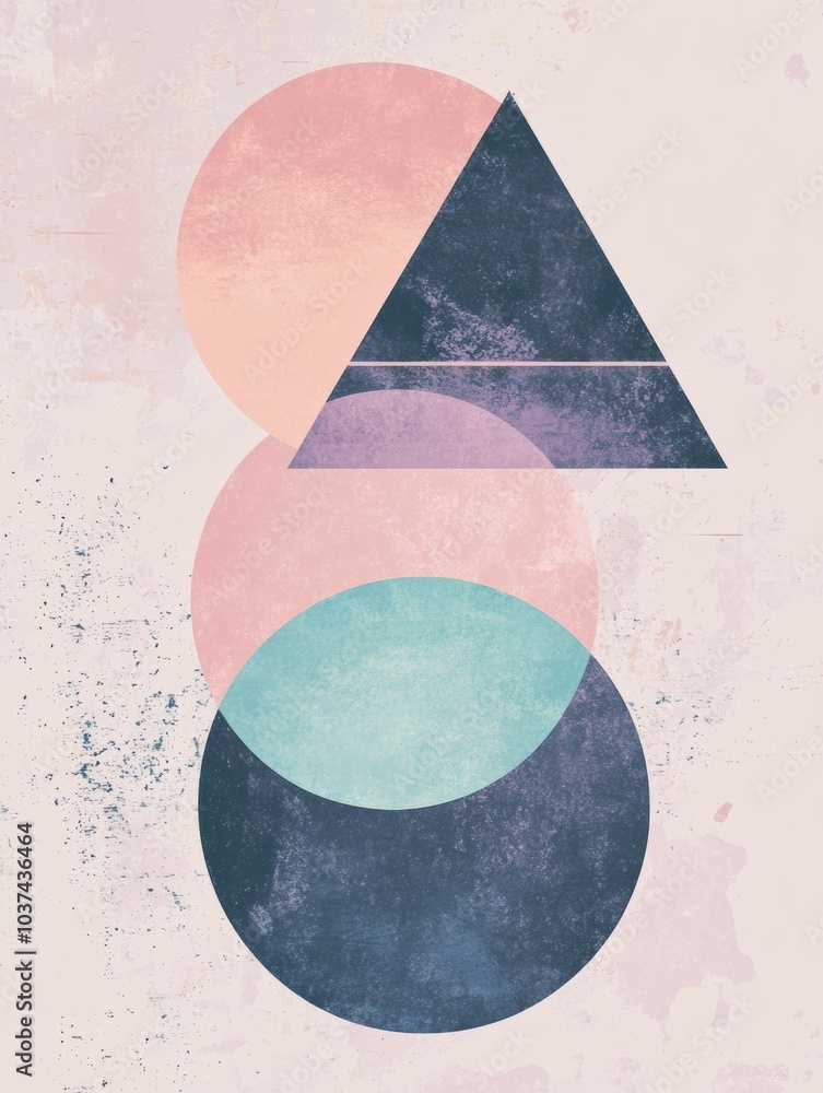 Poster This artwork features a blend of abstract circles and triangles layered on a pastel background, creating a serene composition. Generative AI