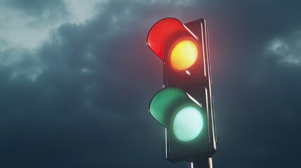 Nighttime urban traffic light glowing red amidst an atmospheric dark sky in a cinematic urban setting