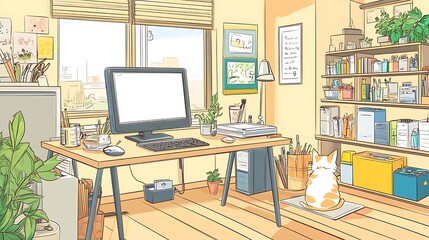 Cozy Home Office with Cat and Desk