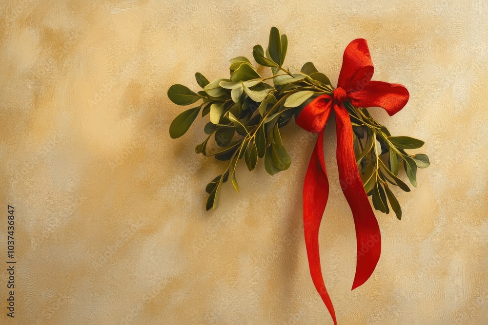 Wall mural A sprig of mistletoe tied with a red bow on a textured gold background