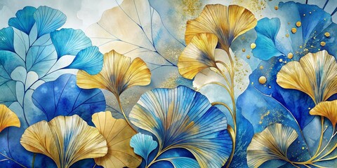 Luxurious background with blue and gold ginkgo biloba leaves