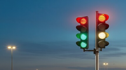 A striking urban night display of a red traffic light illuminating the dark sky with contrasting colors in a cinematic setting