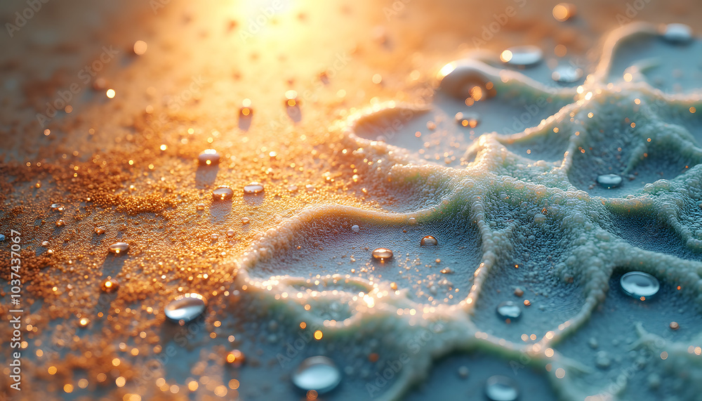 Poster close-up of textured surface with droplets and warm light for artistic backgrounds and design