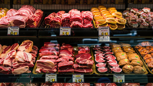 Assorted Cuts of Fresh Meat and Poultry Displayed in a Butcher Shop with Price Tags and Labels