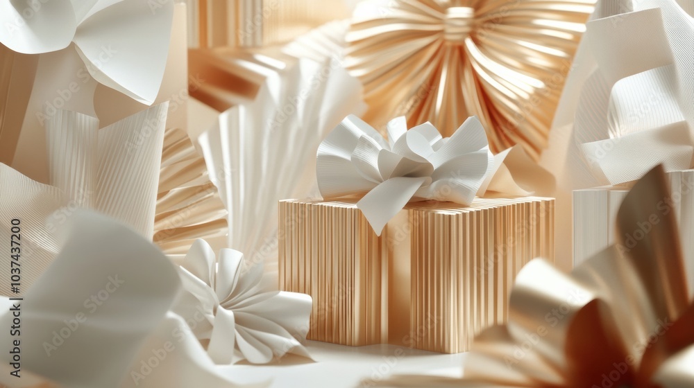 Aufkleber abstract shapes resembling gift boxes and ribbons come together in soft golden hues, creating a capt