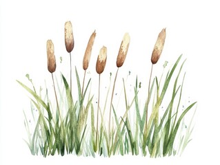 Watercolor painting of tall cattails and green grass in a minimalistic nature scene on a white background.