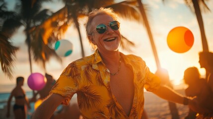 Joyful man dancing at beach party under sunset, vibrant colors and palm trees set a fun atmosphere.