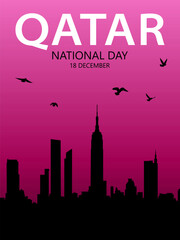 Fototapeta premium Text Qatar National Day, 18 december on the background of sunset over city. Festive design for greeting card, banner or poster for National Day of Qatar.